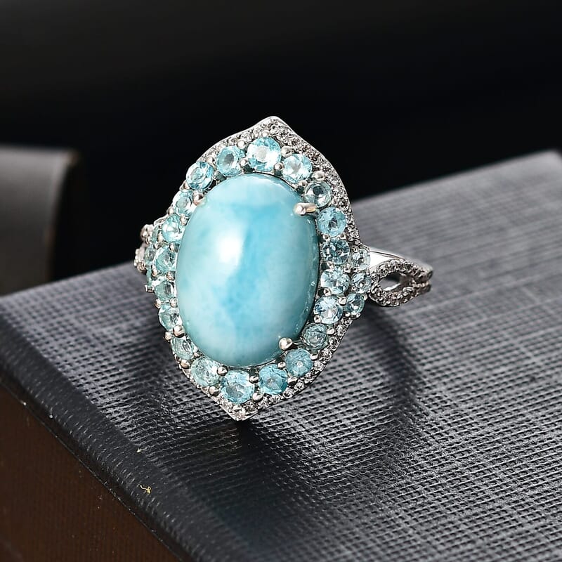 D'Joy Larimar and Multi Gemstone 8.50 ctw Serence Celestial Ring in Rhodium Over Sterling Silver (Size 10.0)