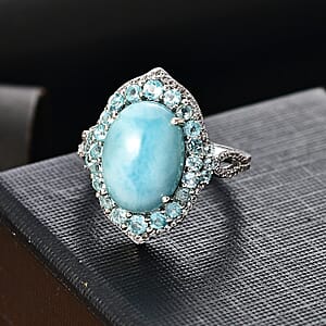 D'Joy Larimar and Multi Gemstone 8.50 ctw Serence Celestial Ring in Rhodium Over Sterling Silver (Size 6.0)