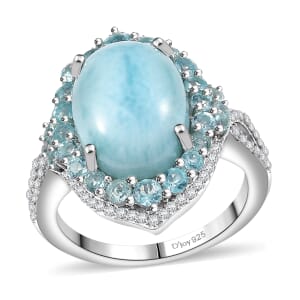 D'Joy Larimar and Multi Gemstone 8.50 ctw Serence Celestial Ring in Rhodium Over Sterling Silver (Size 7.0)