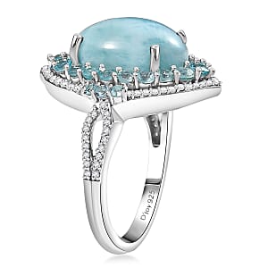 D'Joy Larimar and Multi Gemstone 8.50 ctw Serence Celestial Ring in Rhodium Over Sterling Silver (Size 7.0)