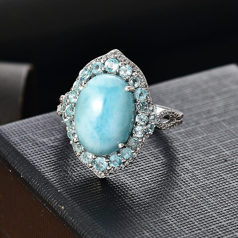 D'Joy Larimar and Multi Gemstone 8.50 ctw Serence Celestial Ring in Rhodium Over Sterling Silver (Size 8.0)