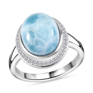 Premium Larimar, White Zircon 5.85 ctw Dolphin Ring in Rhodium Over Sterling Silver (Size 10.0)