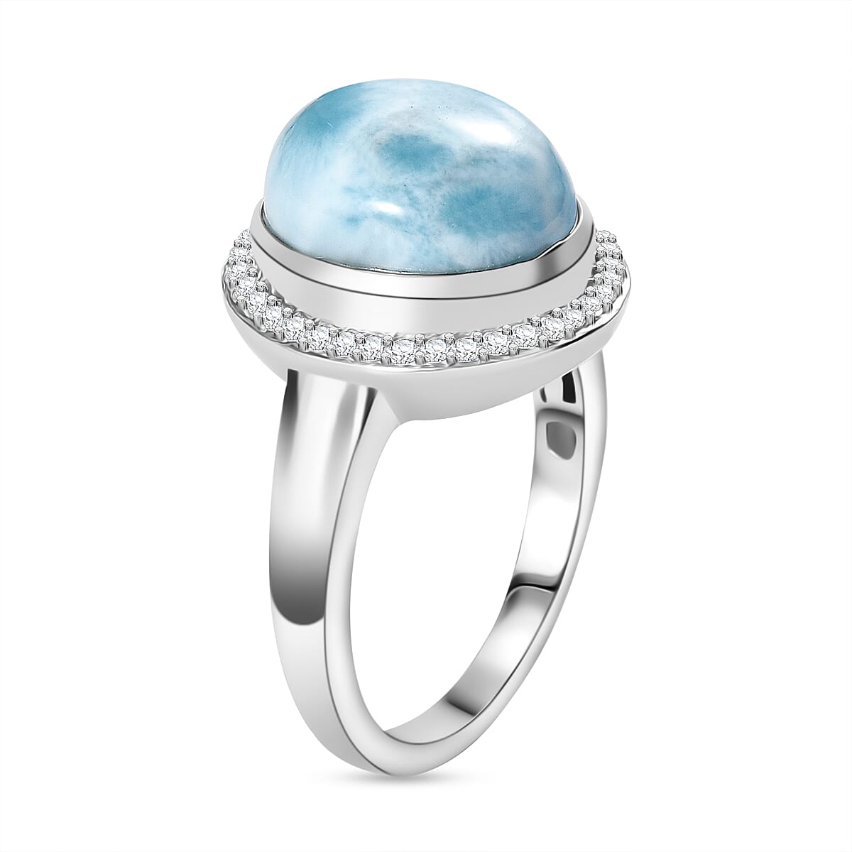 D'Joy Premium Larimar, White Zircon 5.85 ctw Dolphin Ring in Rhodium Over Sterling Silver (Size 10.0)