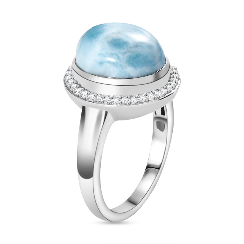 D'Joy Premium Larimar, White Zircon 5.85 ctw Dolphin Ring in Rhodium Over Sterling Silver (Size 10.0)