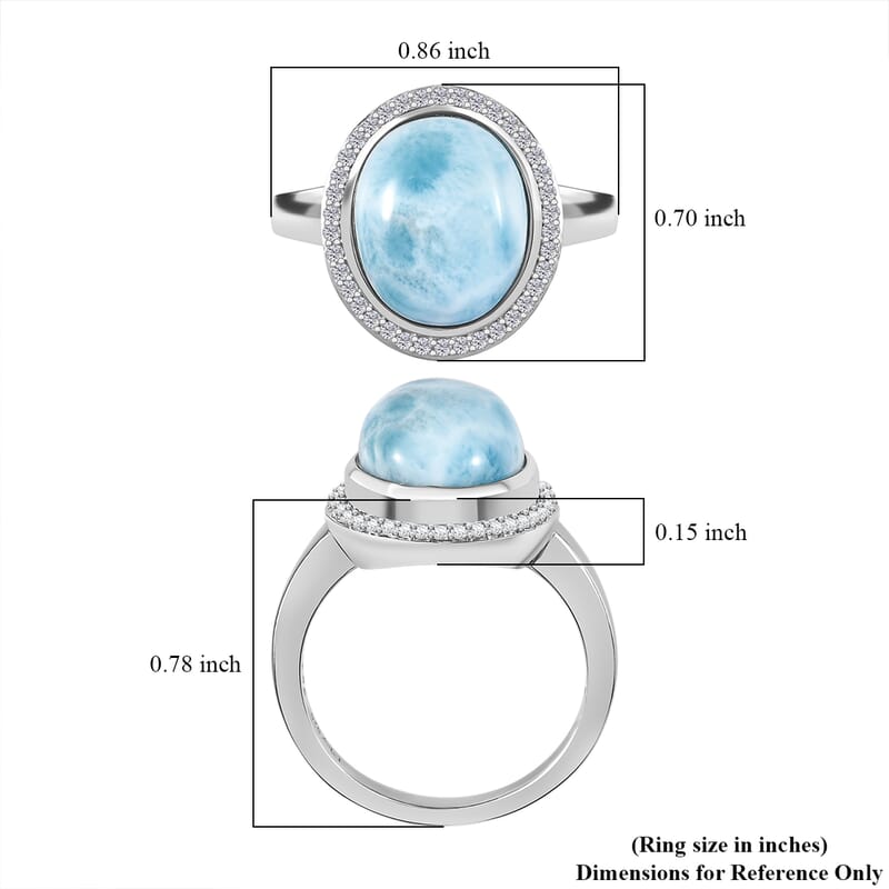 D'Joy Premium Larimar, White Zircon 5.85 ctw Dolphin Ring in Rhodium Over Sterling Silver (Size 10.0)