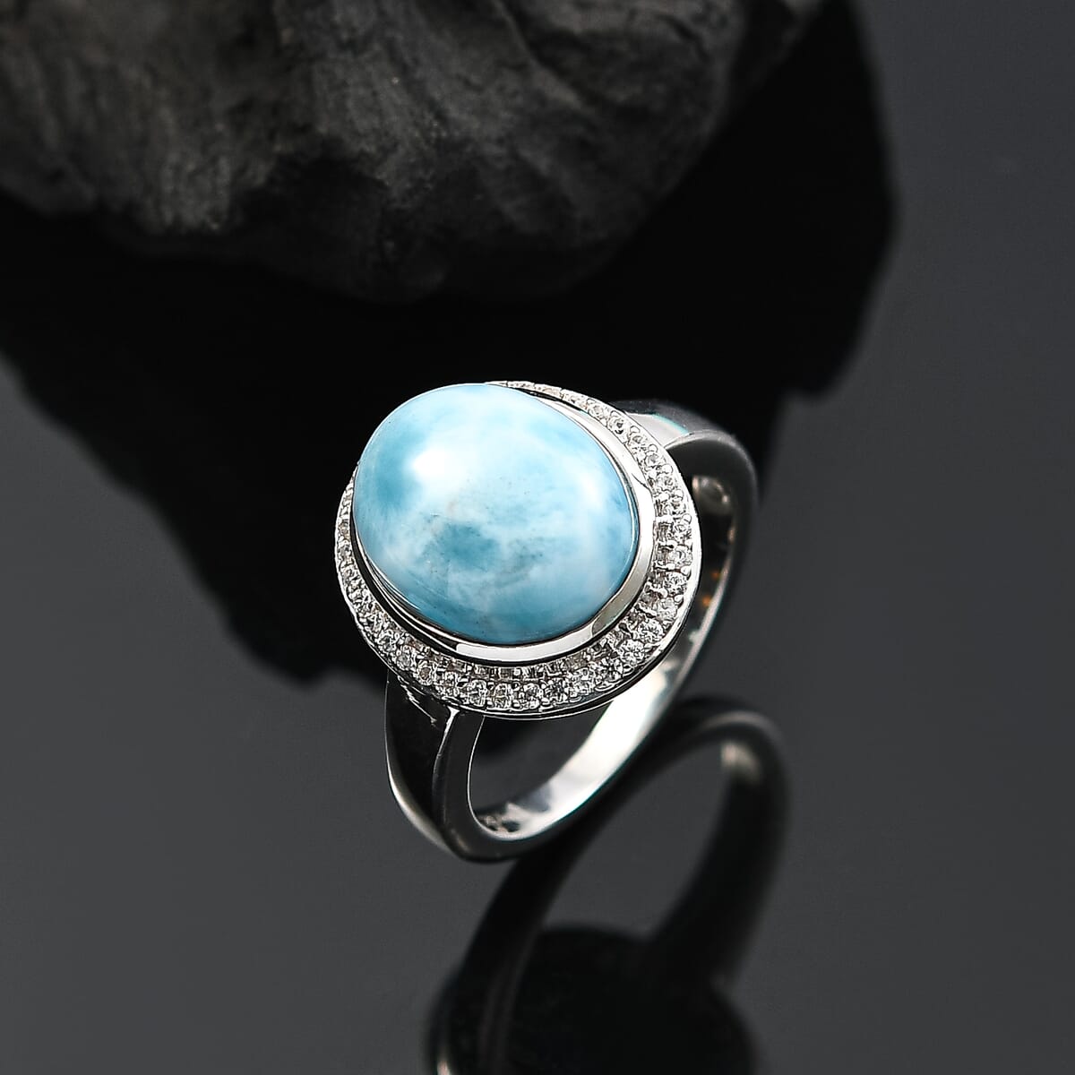 D'Joy Premium Larimar, White Zircon 5.85 ctw Dolphin Ring in Rhodium Over Sterling Silver (Size 7.0) image number 1