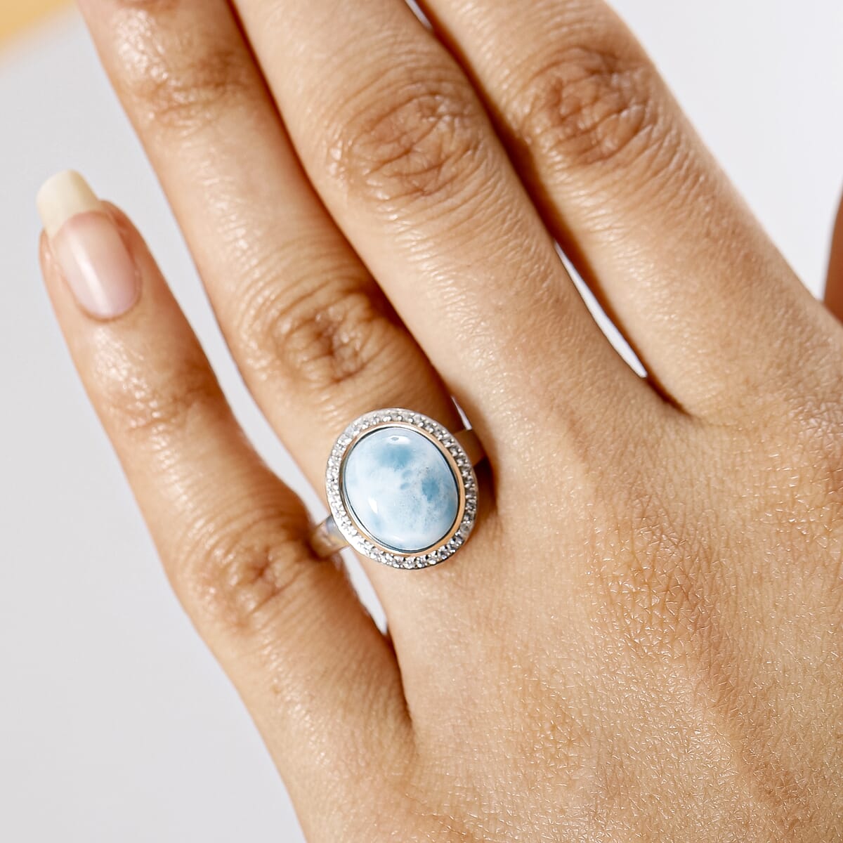 D'Joy Premium Larimar, White Zircon 5.85 ctw Dolphin Ring in Rhodium Over Sterling Silver (Size 7.0) image number 2