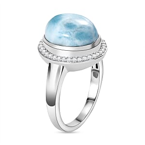 D'Joy Premium Larimar, White Zircon 5.85 ctw Dolphin Ring in Rhodium Over Sterling Silver (Size 9.0)