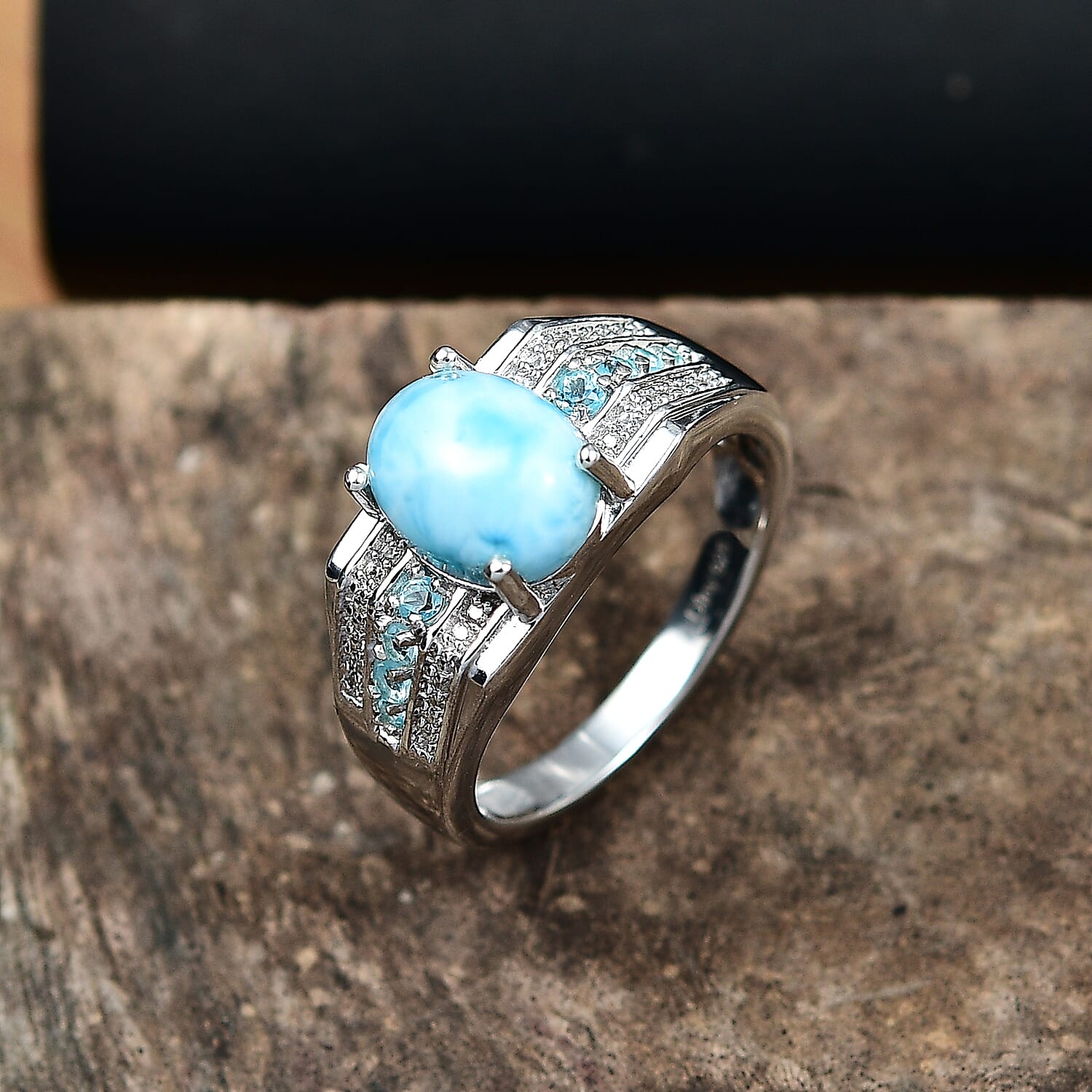 D'Joy Larimar and Multi Gemstone 3.65 ctw Men's Ring in Rhodium Over Sterling Silver (Size 10.0)