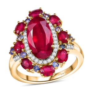 Premium Niassa Ruby (FF) and Multi Gemstone 9.40 ctw Royal Empress Ring in 18K Vermeil Yellow Gold Sterling Silver (Size 10.0)