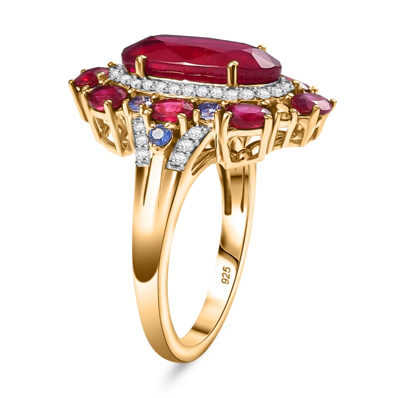 D'Joy Premium Niassa Ruby (FF) and Multi Gemstone 9.40 ctw Royal Empress Ring in 18K Vermeil Yellow Gold Sterling Silver (Size 10.0)