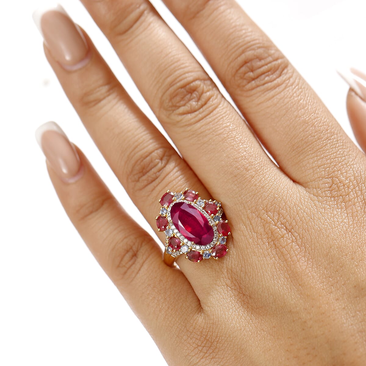 D'Joy Premium Niassa Ruby (FF) and Multi Gemstone 9.40 ctw Royal Empress Ring in 18K Vermeil Yellow Gold Sterling Silver (Size 7.0) image number 2