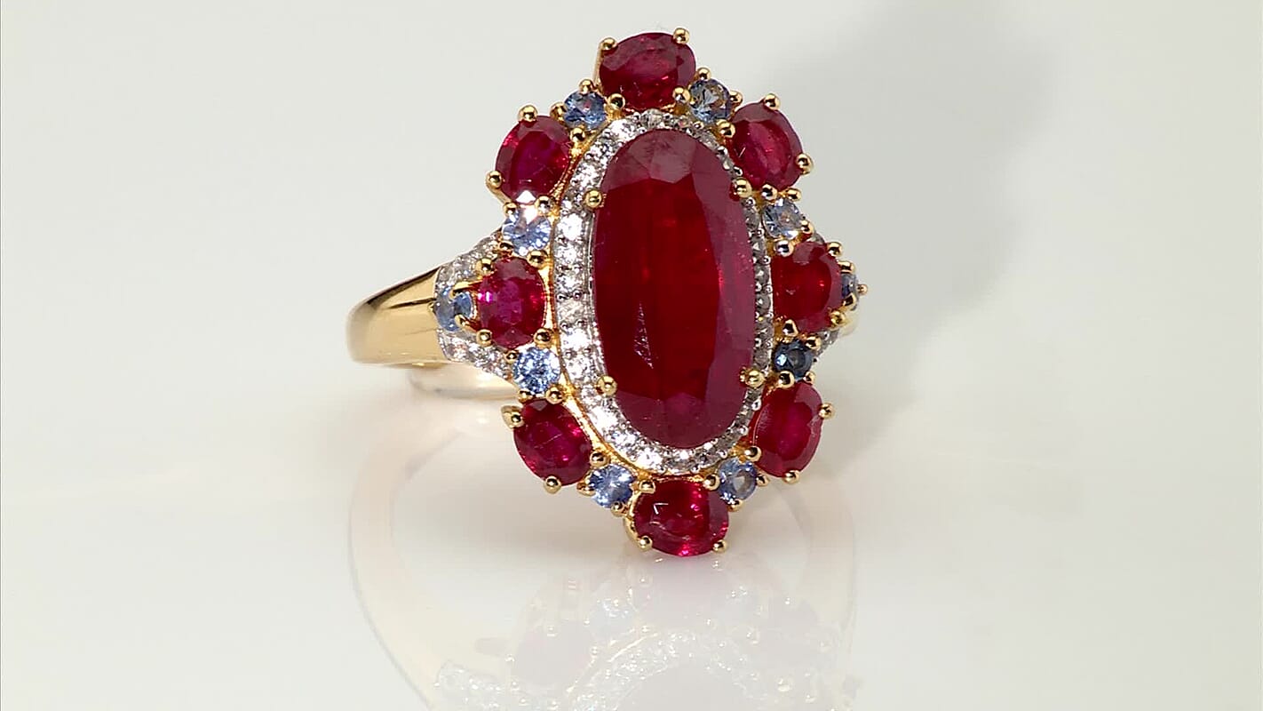 Premium Niassa Ruby (FF) and Multi Gemstone 9.40 ctw Royal Empress Ring in 18K Vermeil Yellow Gold Sterling Silver (Size 10.0)