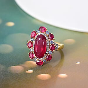 D'Joy Premium Niassa Ruby (FF) and Multi Gemstone 9.40 ctw Royal Empress Ring in 18K Vermeil Yellow Gold Sterling Silver (Size 9.0)