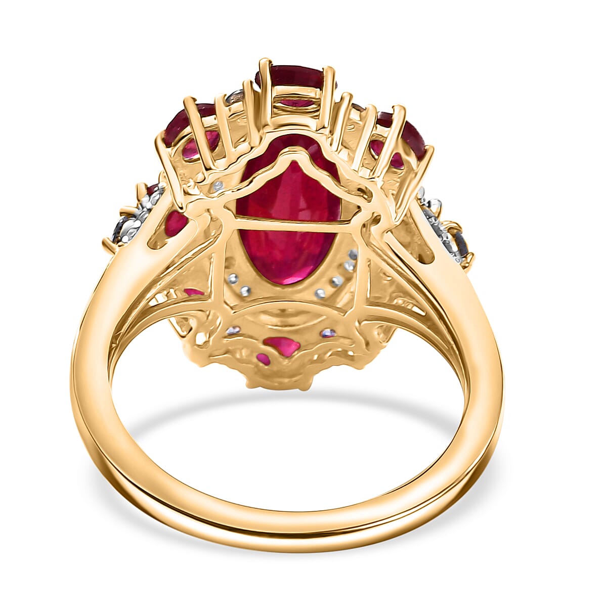 D'Joy Premium Niassa Ruby (FF) and Multi Gemstone 9.40 ctw Royal Empress Ring in 18K Vermeil Yellow Gold Sterling Silver (Size 9.0)