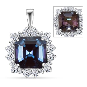 Certified & Appraised Luxuriant AAA Asscher Cut Lab Grown Alexandrite and E-F VS Lab Grown Diamond 7.01 ctw Necklace in 10K White Gold