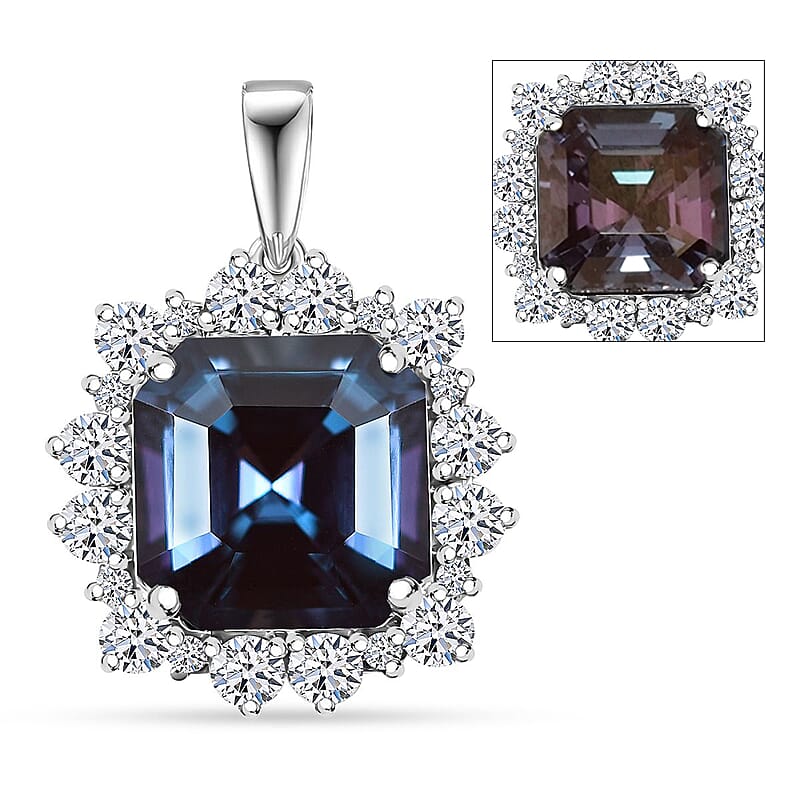 Certified & Appraised Luxuriant AAA Asscher Cut Lab Grown Alexandrite and E-F VS Lab Grown Diamond 7.01 ctw Pendant without Chain in 10K White Gold