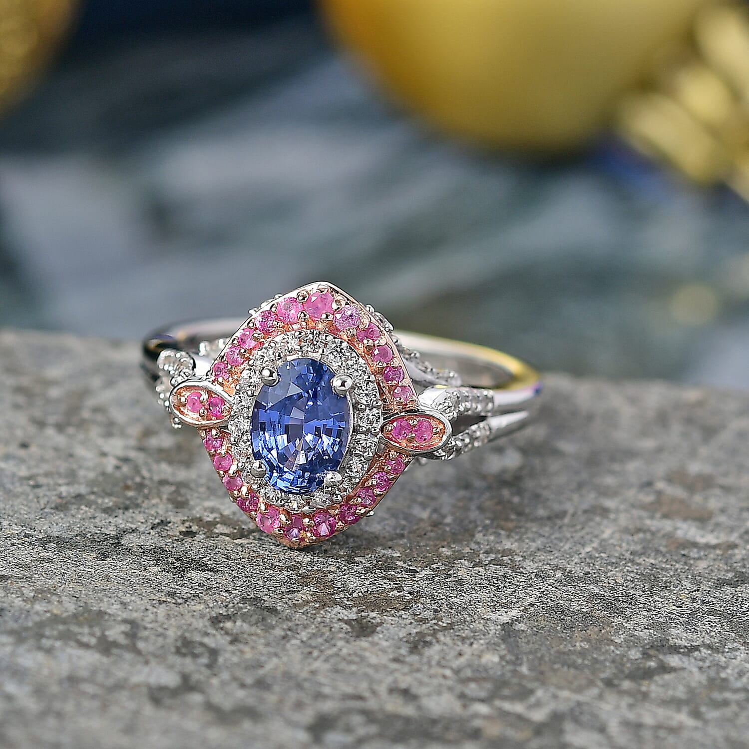 D'Joy Ceylon Blue Sapphire and Multi Gemstone 1.80 ctw Celestial Halo Ring in Rhodium Over Sterling Silver (Size 10.0)