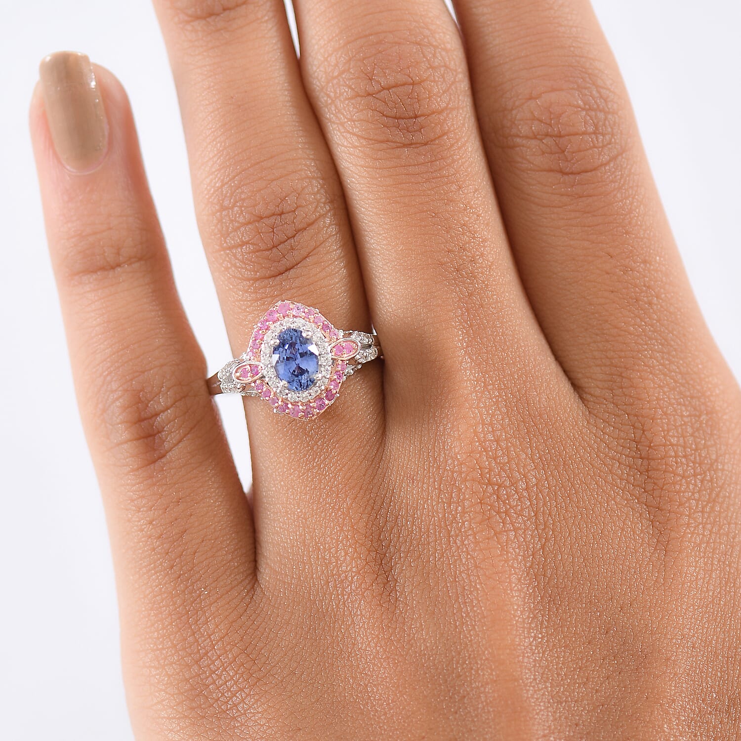D'Joy Ceylon Blue Sapphire and Multi Gemstone 1.80 ctw Celestial Halo Ring in Rhodium Over Sterling Silver (Size 10.0)