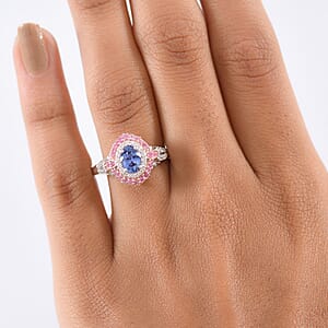D'Joy Ceylon Blue Sapphire and Multi Gemstone 1.80 ctw Celestial Halo Ring in Rhodium Over Sterling Silver (Size 6.0)