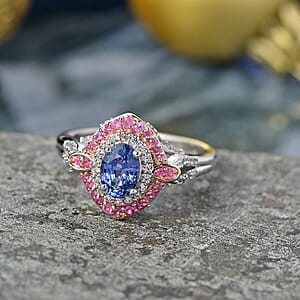 D'Joy Ceylon Blue Sapphire and Multi Gemstone 1.80 ctw Celestial Halo Ring in Rhodium Over Sterling Silver (Size 8.0)