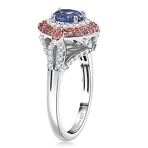 D'Joy Ceylon Blue Sapphire and Multi Gemstone 1.80 ctw Celestial Halo Ring in Rhodium Over Sterling Silver (Size 8.0)