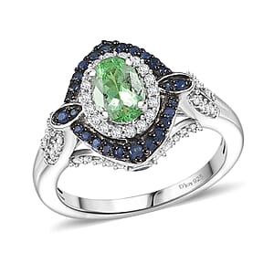 D'Joy Tsavorite Garnet and Multi Gemstone 1.70 ctw Celestial Halo Ring in Rhodium Over Sterling Silver (Size 10.0)