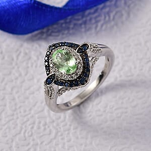 D'Joy Tsavorite Garnet and Multi Gemstone 1.70 ctw Celestial Halo Ring in Rhodium Over Sterling Silver (Size 10.0)