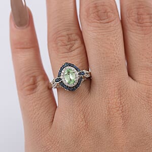 D'Joy Tsavorite Garnet and Multi Gemstone 1.70 ctw Celestial Halo Ring in Rhodium Over Sterling Silver (Size 10.0)