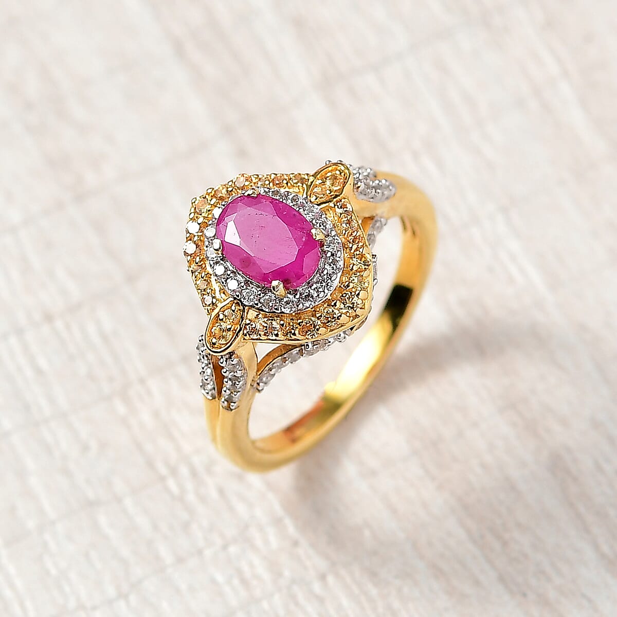 D'Joy AAA Royal Ruby and Multi Gemstone 2.00 ctw Celestial Halo Ring in 18K Vermeil Yellow Gold Over Sterling Silver (Size 6.0) image number 1
