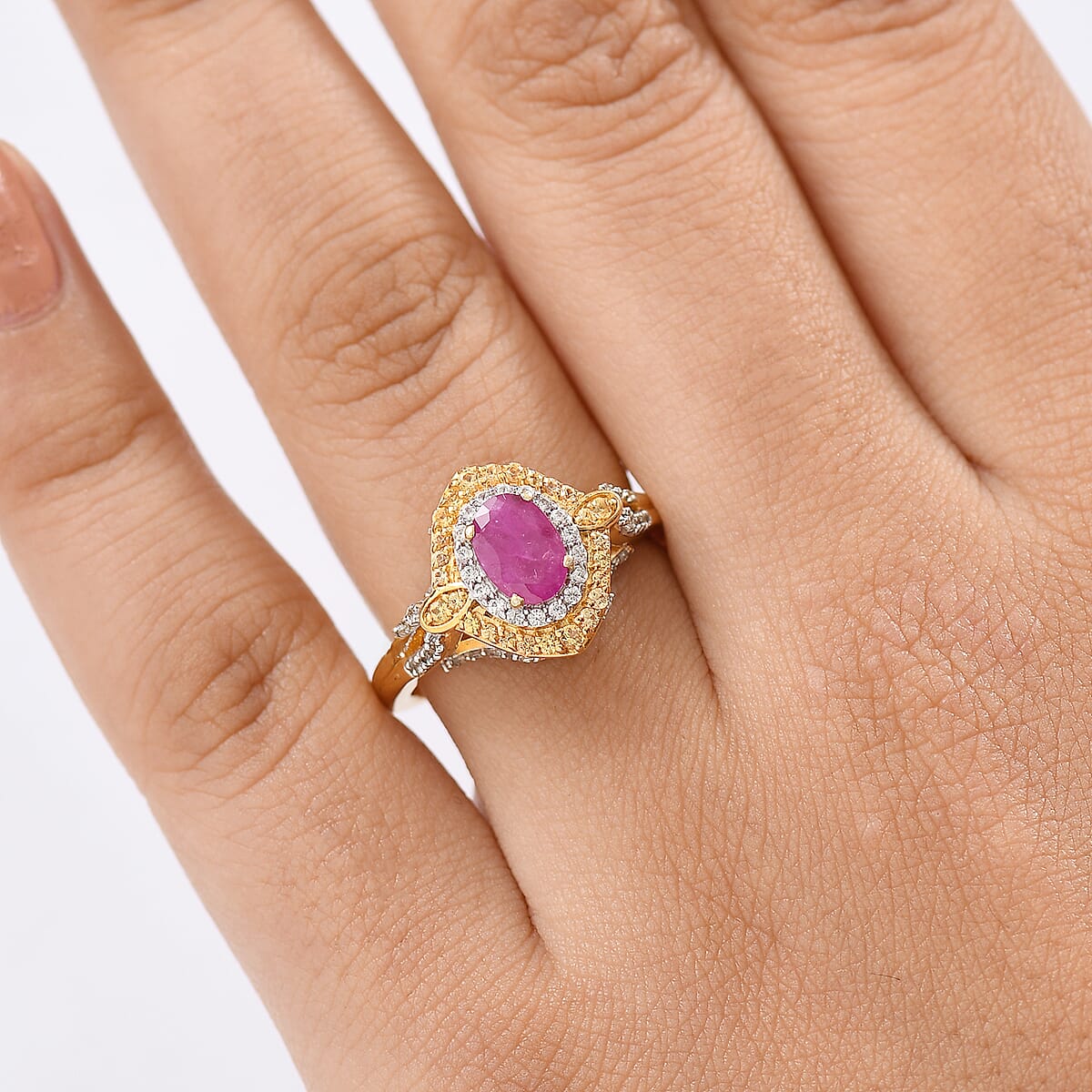 D'Joy AAA Royal Ruby and Multi Gemstone 2.00 ctw Celestial Halo Ring in 18K Vermeil Yellow Gold Over Sterling Silver (Size 8.0) image number 2