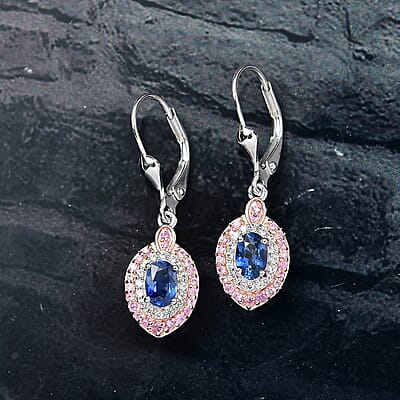 D'Joy Ceylon Blue Sapphire, Multi Gemstone Earrings in Rhodium Over Sterling Silver 2.25 ctw