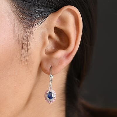 D'Joy Ceylon Blue Sapphire, Multi Gemstone Earrings in Rhodium Over Sterling Silver 2.25 ctw