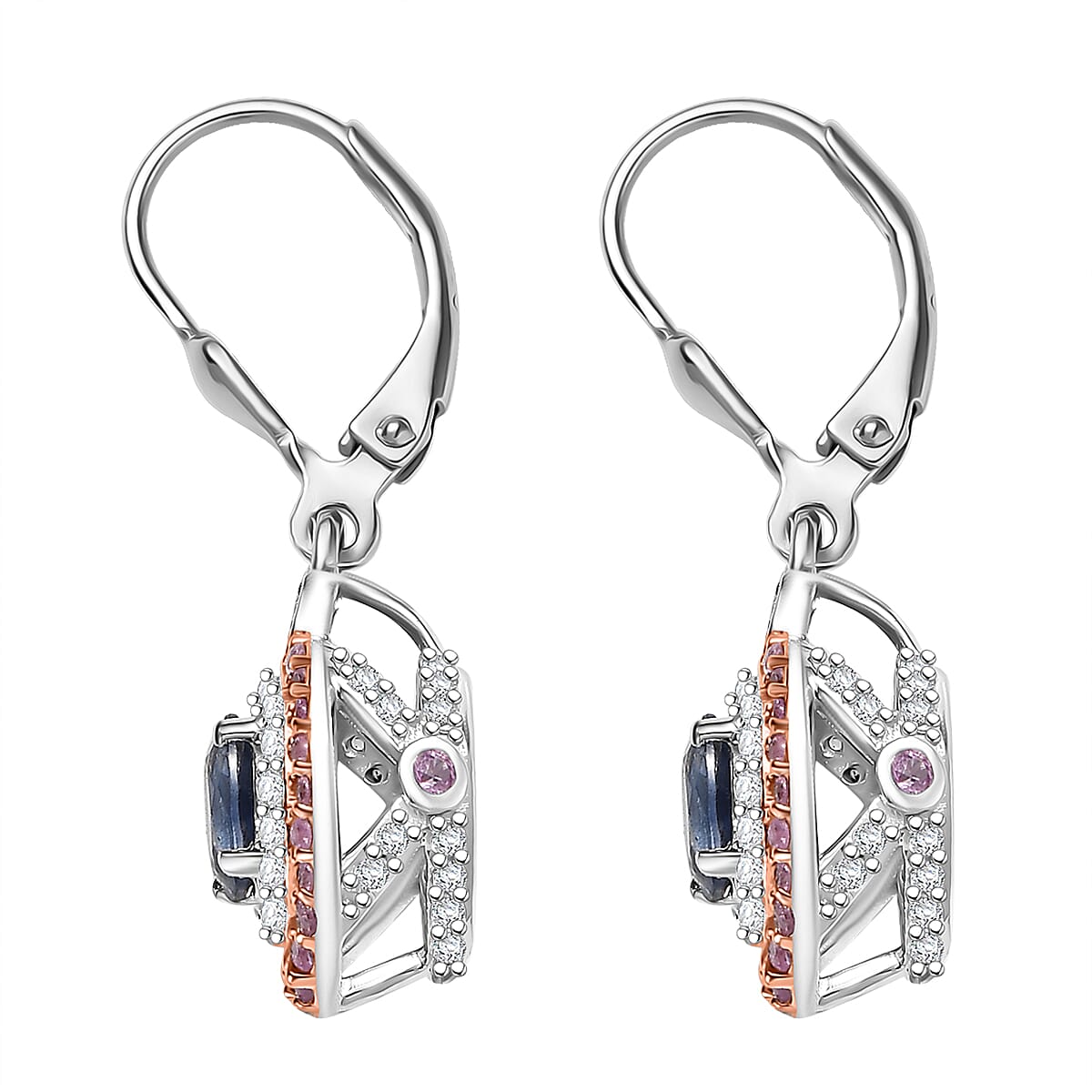 D'Joy Ceylon Blue Sapphire and Multi Gemstone 2.25 ctw Celestial Halo Earrings in Rhodium Over Sterling Silver image number 3