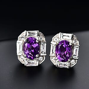 D'Joy Moroccan Rose and White Topaz 3.70 ctw Art Deco Earrings in Platinum Over Sterling Silver