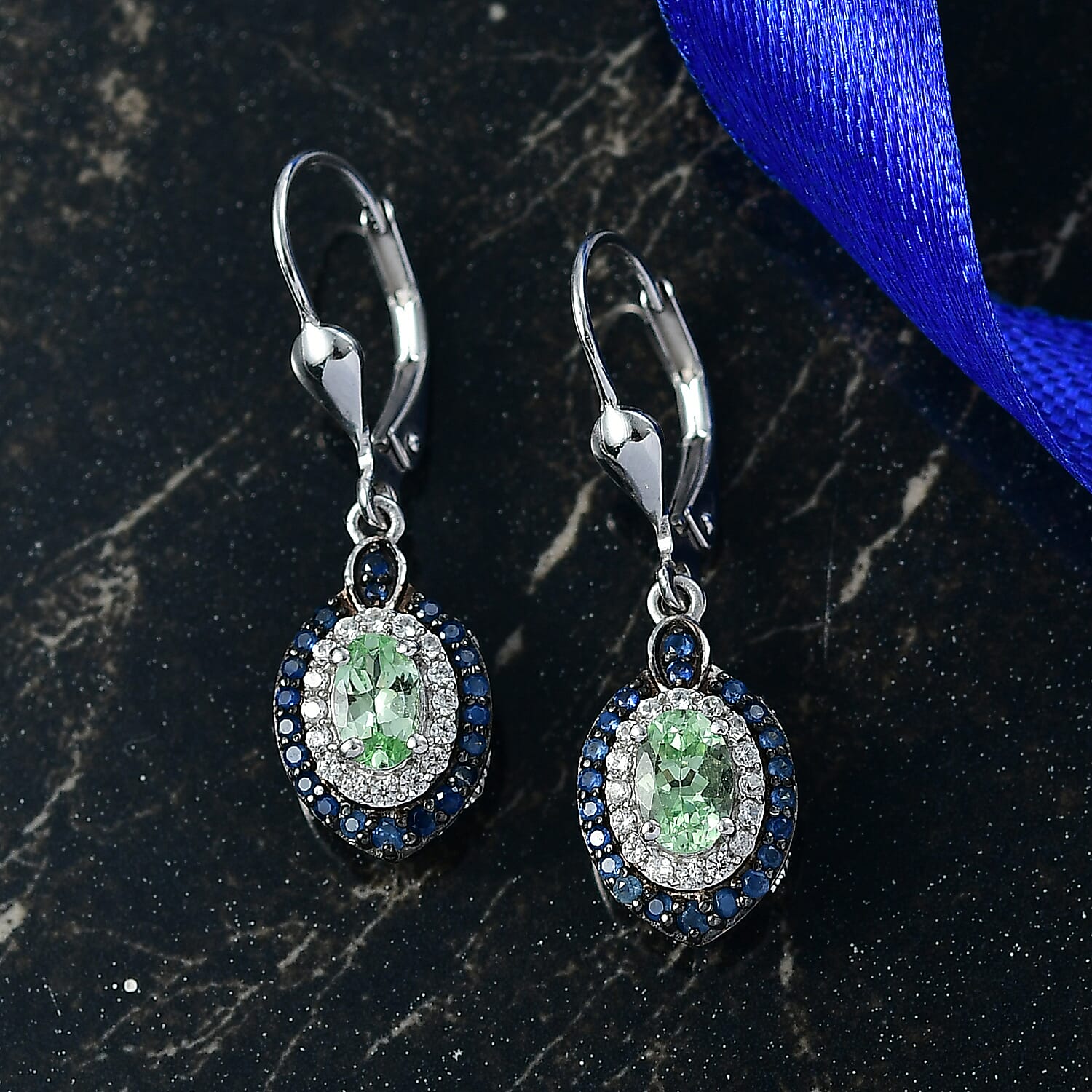 D'Joy Tsavorite Garnet and Multi Gemstone 2.20 ctw Celestial Halo Earrings in Rhodium Over Sterling Silver