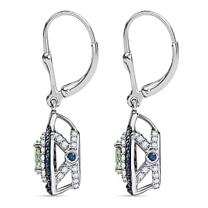 D'Joy Tsavorite Garnet and Multi Gemstone 2.20 ctw Celestial Halo Earrings in Rhodium Over Sterling Silver