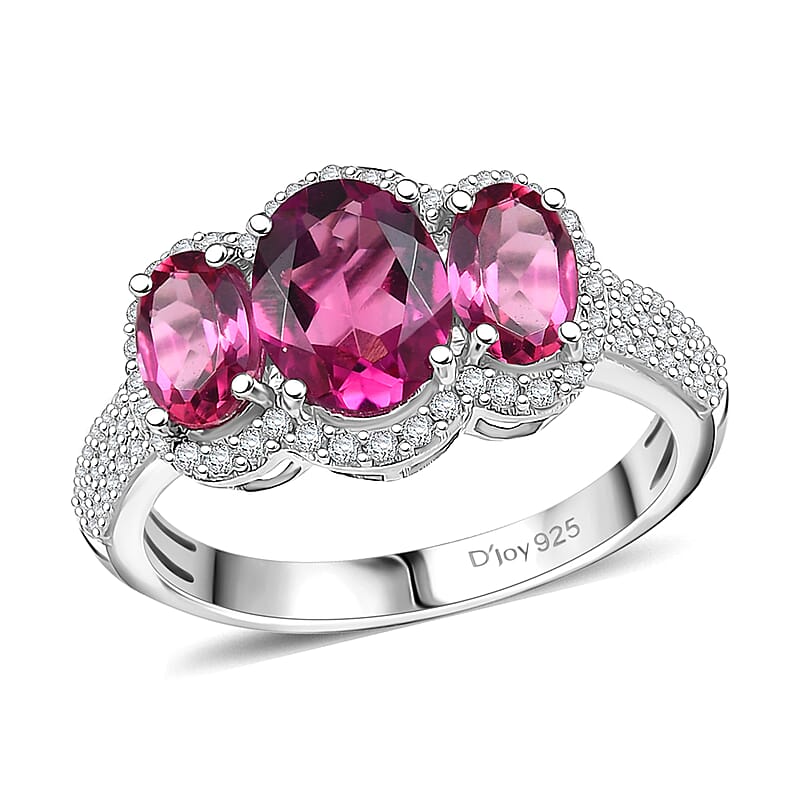 Luxuriant Premium Bixbite (LG) and White Zircon 2.65 ctw Trilogy Ring in Rhodium Over Sterling Silver (Size 10.0)