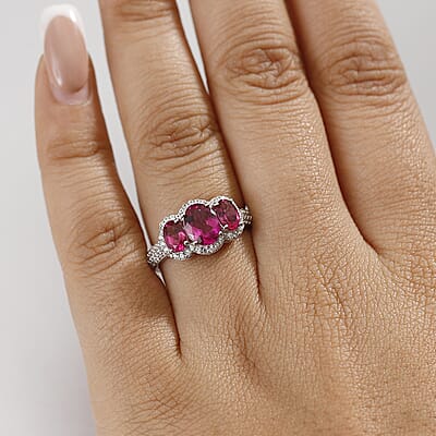 Luxuriant Premium Bixbite (LG) and White Zircon 2.65 ctw Trilogy Ring in Rhodium Over Sterling Silver (Size 10.0)