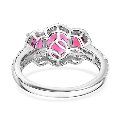 Luxuriant Premium Bixbite (LG) and White Zircon 2.65 ctw Trilogy Ring in Rhodium Over Sterling Silver (Size 10.0)
