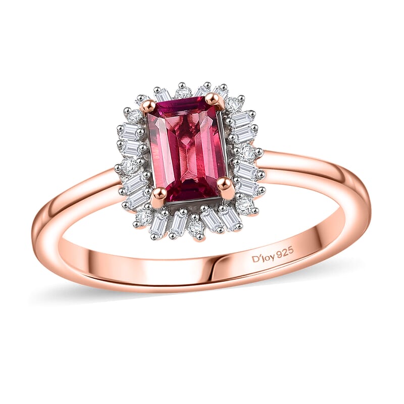 Luxuriant Bixbite (LG) and Diamond 0.65 ctw Blossom Halo Ring in 18K Vermeil Rose Gold Over Sterling Silver (Size 10.0)
