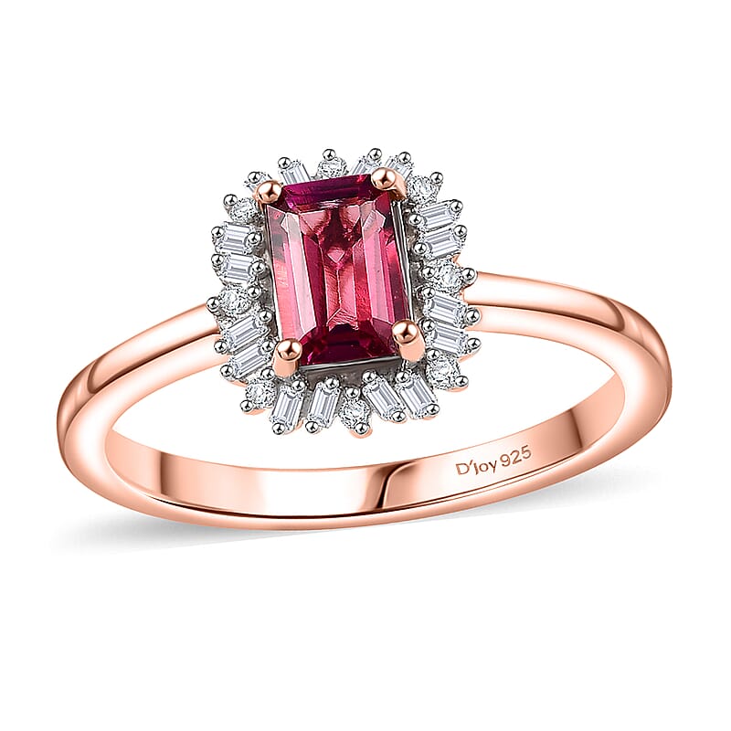 Luxuriant Bixbite (LG) and Diamond 0.65 ctw Blossom Halo Ring in 18K Vermeil Rose Gold Over Sterling Silver (Size 10.0)