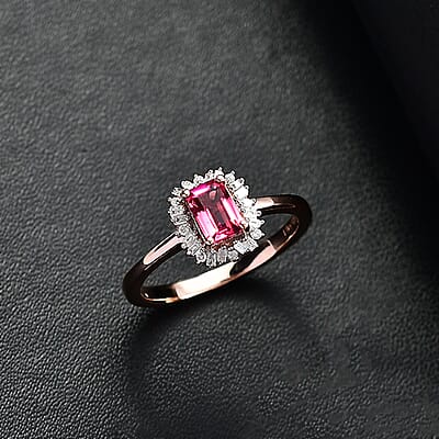 Luxuriant Bixbite (LG) and Diamond 0.65 ctw Blossom Halo Ring in 18K Vermeil Rose Gold Over Sterling Silver (Size 10.0)