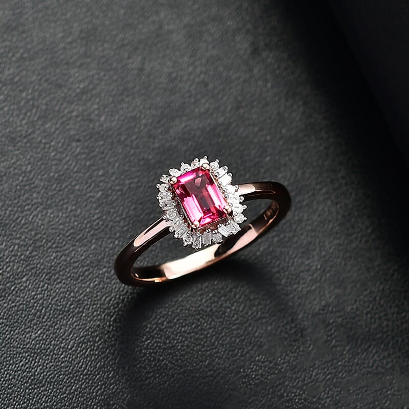 Luxuriant Bixbite (LG) and Diamond 0.65 ctw Blossom Halo Ring in 18K Vermeil Rose Gold Over Sterling Silver (Size 10.0)