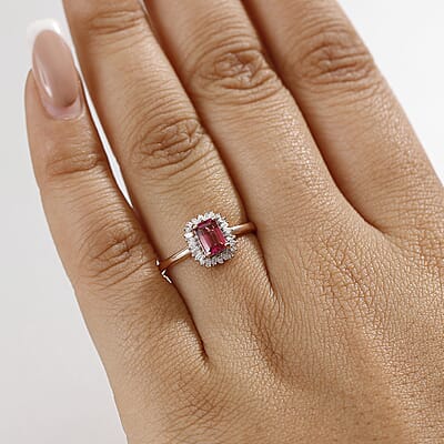 Luxuriant Bixbite (LG) and Diamond 0.65 ctw Blossom Halo Ring in 18K Vermeil Rose Gold Over Sterling Silver (Size 10.0)