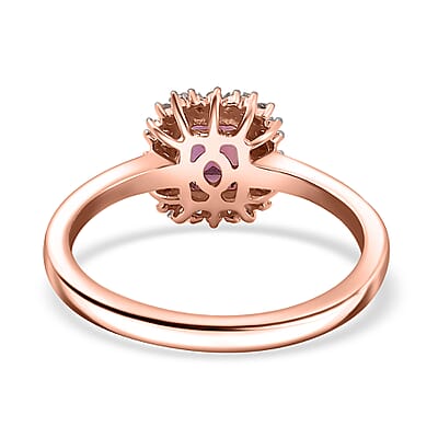 Luxuriant Bixbite (LG) and Diamond 0.65 ctw Blossom Halo Ring in 18K Vermeil Rose Gold Over Sterling Silver (Size 10.0)