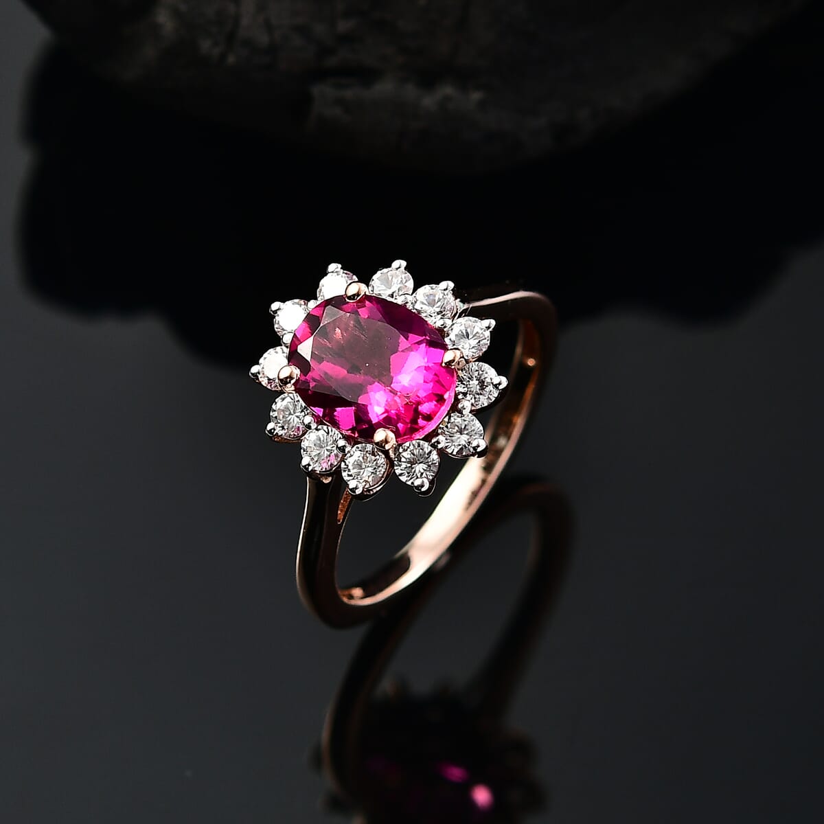 Premium Lab Grown Bixbite, White Zircon Sunburst Ring in 18K Vermeil RG Over Sterling Silver (Size 10.0) 2.70 ctw image number 1