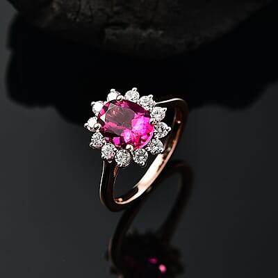 Luxuriant Premium Bixbite (LG) and White Zircon 2.70 ctw Sunburst Ring in 18K Vermeil Rose Gold Over Sterling Silver (Size 10.0)