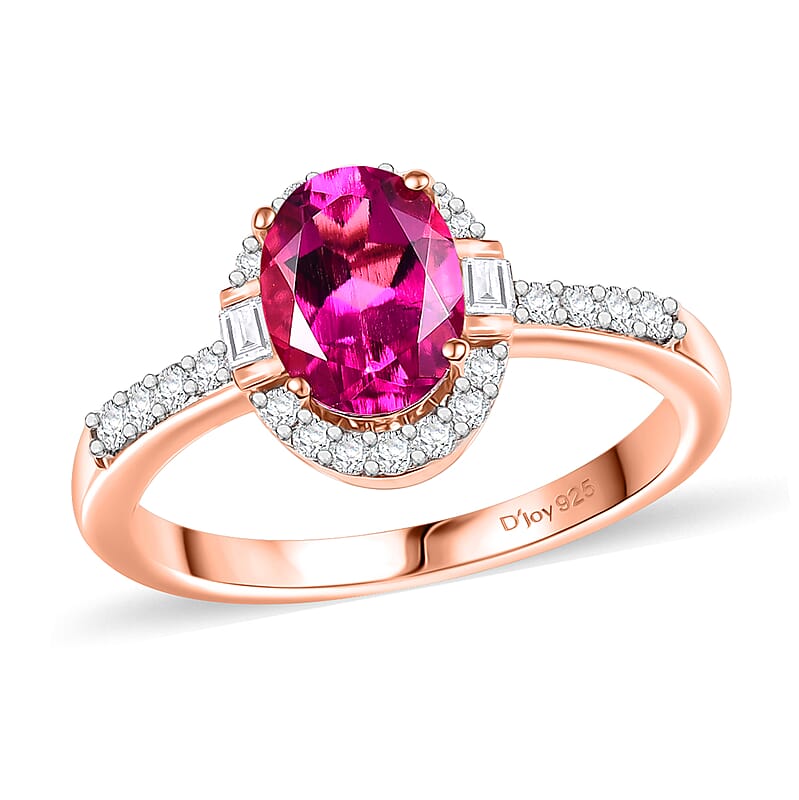 Luxuriant Premium Bixbite (LG) and White Zircon 1.50 ctw Halo Ring in 18K Vermeil Rose Gold Over Sterling Silver (Size 10.0)
