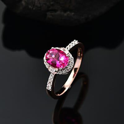 Luxuriant Premium Bixbite (LG) and White Zircon 1.50 ctw Halo Ring in 18K Vermeil Rose Gold Over Sterling Silver (Size 10.0)